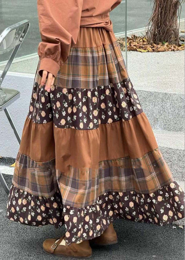 Loose Caramel Print Elastic Waist Patchwork Cotton Skirts Spring