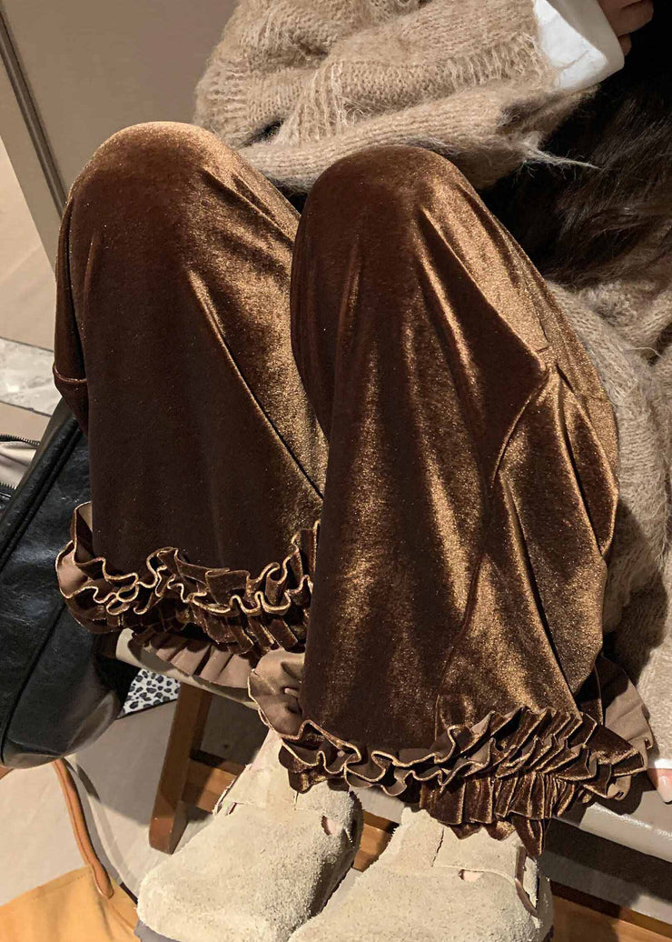 Loose Caramel Ruffled Elastic Waist Silk Crop Pants Winter