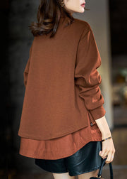 Loose Caramel Zip Up Patchwork Cotton Shirt Tops Fall