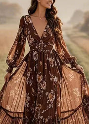 Loose Chocolate Patchwork Tunic Chiffon Long Dresses Lantern Sleeve