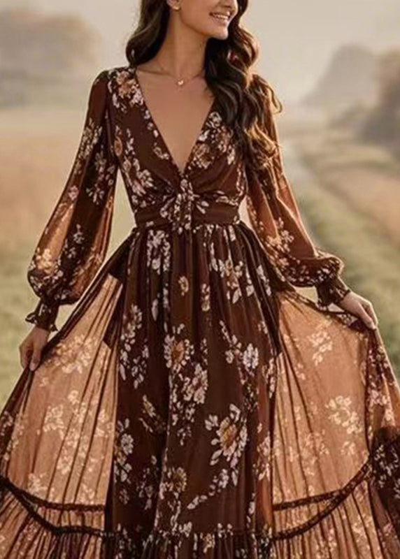 Loose Chocolate Patchwork Tunic Chiffon Long Dresses Lantern Sleeve