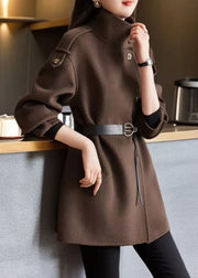 Loose Chocolate Stand Collar Button Woolen Coats Spring