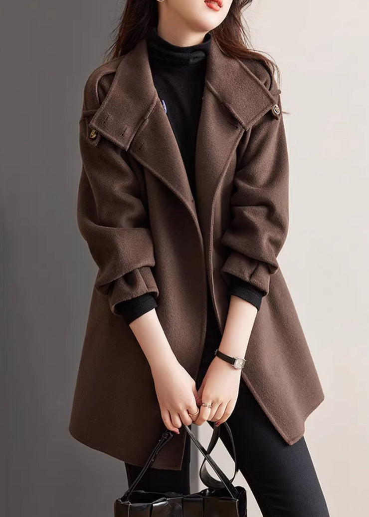 Loose Chocolate Stand Collar Button Woolen Coats Spring