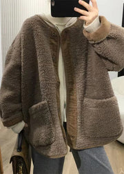 Loose Coffee Button Pockets  Teddy Faux Fur Coats Fall