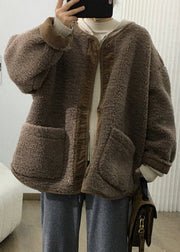 Loose Coffee Button Pockets  Teddy Faux Fur Coats Fall