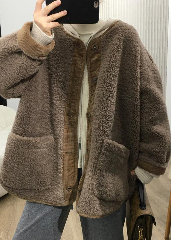 Loose Coffee Button Pockets  Teddy Faux Fur Coats Fall