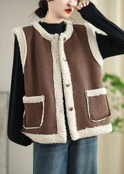 Loose Coffee Button Pockets Patchwork Teddy Faux Fur Waistcoat Sleeveless