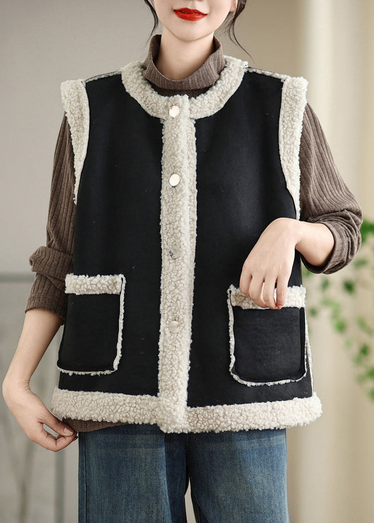 Loose Coffee Button Pockets Patchwork Teddy Faux Fur Waistcoat Sleeveless