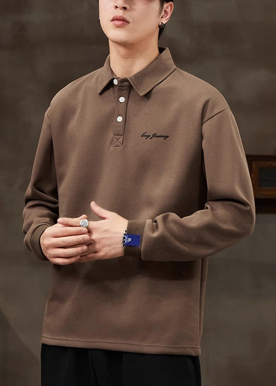 Loose Coffee Button Solid Cotton Men Polo Shirt Spring