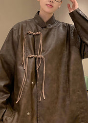 Loose Coffee Chinese Button Pockets Faux Leather Men Coat Spring