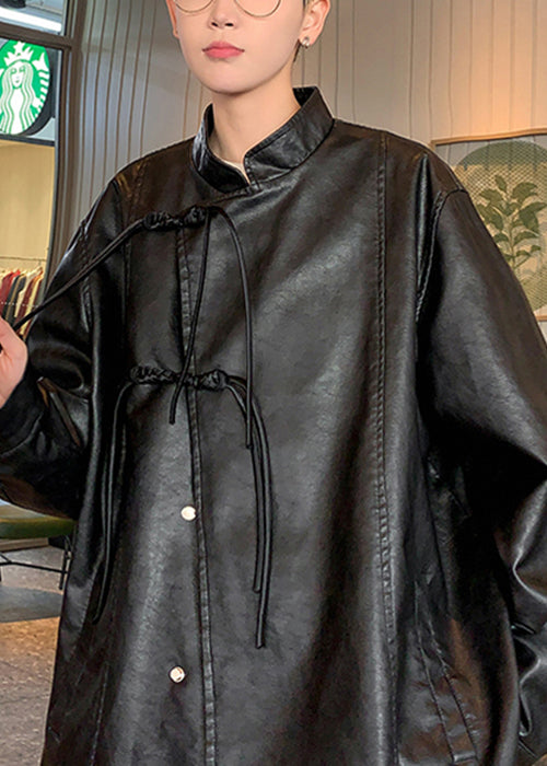 Loose Coffee Chinese Button Pockets Faux Leather Men Coat Spring