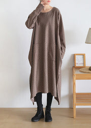 Loose Chocolate Colour O-Neck Print Side Open Knit Cotton Maxi Dress Long Sleeve