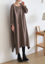 Loose Chocolate Colour O-Neck Print Side Open Knit Cotton Maxi Dress Long Sleeve