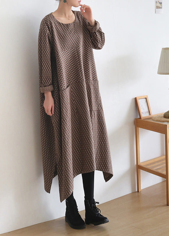 Loose Chocolate Colour O-Neck Print Side Open Knit Cotton Maxi Dress Long Sleeve