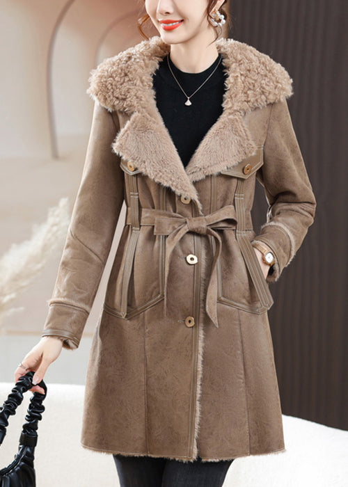 Loose Coffee Fur Collar Button Tie Waist Fuzzy Fur Coats Winter