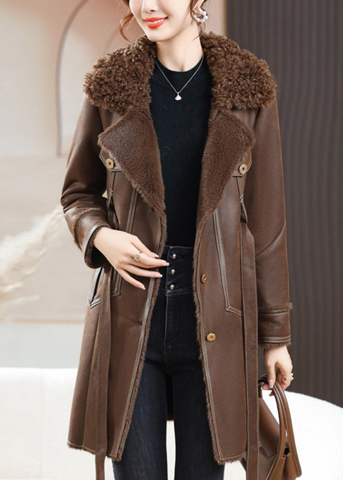 Loose Coffee Fur Collar Button Tie Waist Fuzzy Fur Coats Winter