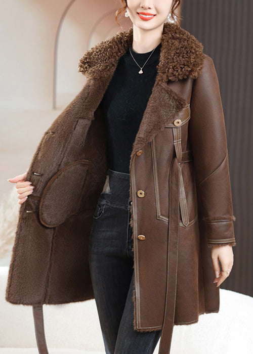 Loose Coffee Fur Collar Button Tie Waist Fuzzy Fur Coats Winter