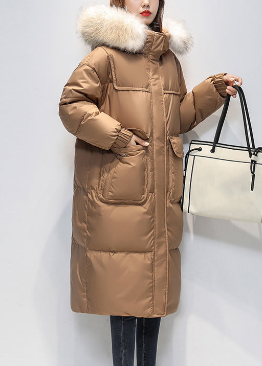 Loose Coffee Fur Collar Hooded Pockets Duck Down Long Coat Winter