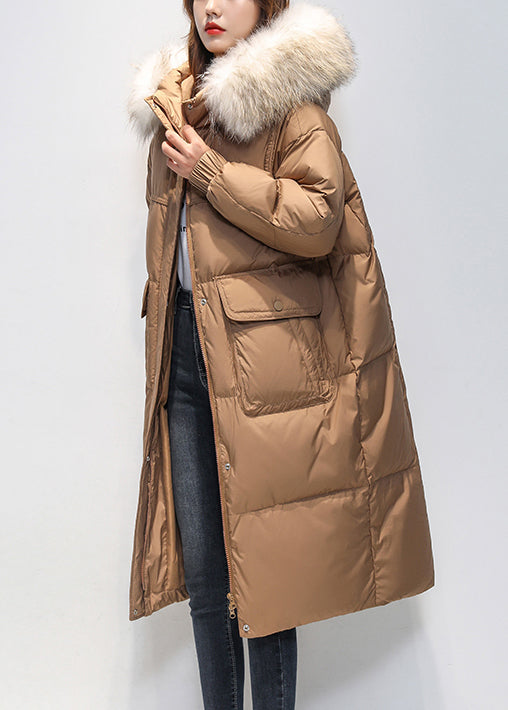 Loose Coffee Fur Collar Hooded Pockets Duck Down Long Coat Winter