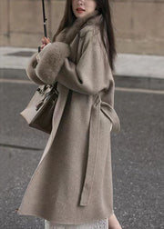 Loose Coffee Fur Collar Tie Waist Pockets Woolen Coat Spring