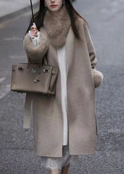 Loose Coffee Fur Collar Tie Waist Pockets Woolen Coat Spring