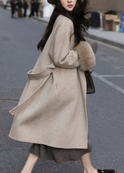 Loose Coffee Fur Collar Tie Waist Pockets Woolen Coat Spring