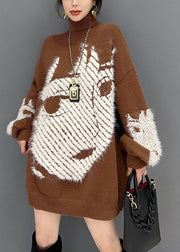 Loose Chocolate Hign Neck Character Print Knit Top Winter