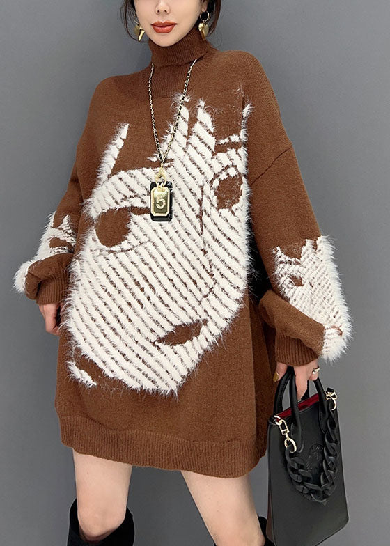 Loose Chocolate Hign Neck Character Print Knit Top Winter