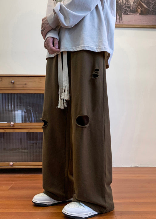 Loose Coffee Hole Elastic Waist Cotton Men Pants Spring