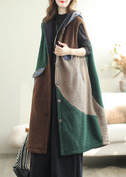 Loose Coffee Hooded Button Teddy Faux Fur Waistcoat Sleeveless