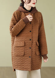 Loose Coffee Hooded Pockets Cotton Filled Parka Long Sleeve