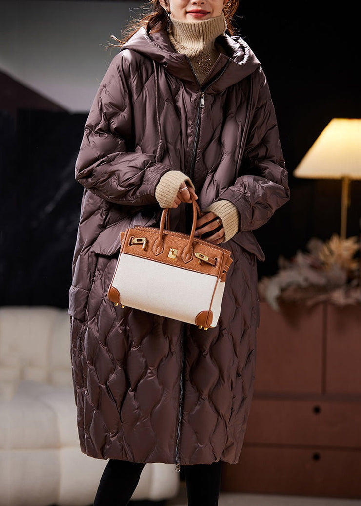 Loose Coffee Hooded Pockets Duck Down Coat Winter