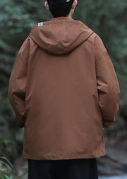 Loose Coffee Hooded Pockets Solid Cotton Men Coat Spring