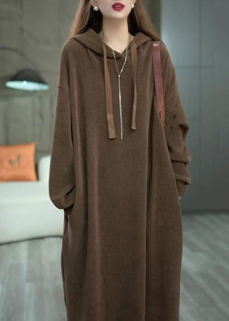 Loose Coffee Hooded Pockets Solid Long Dress Winter