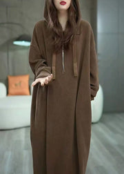 Loose Coffee Hooded Pockets Solid Long Dress Winter