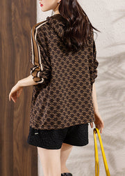 Loose Coffee Hooded Print Pockets Cotton Top Fall