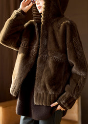 Loose Coffee Hooded Zippered Leather And Fur Coats Winter