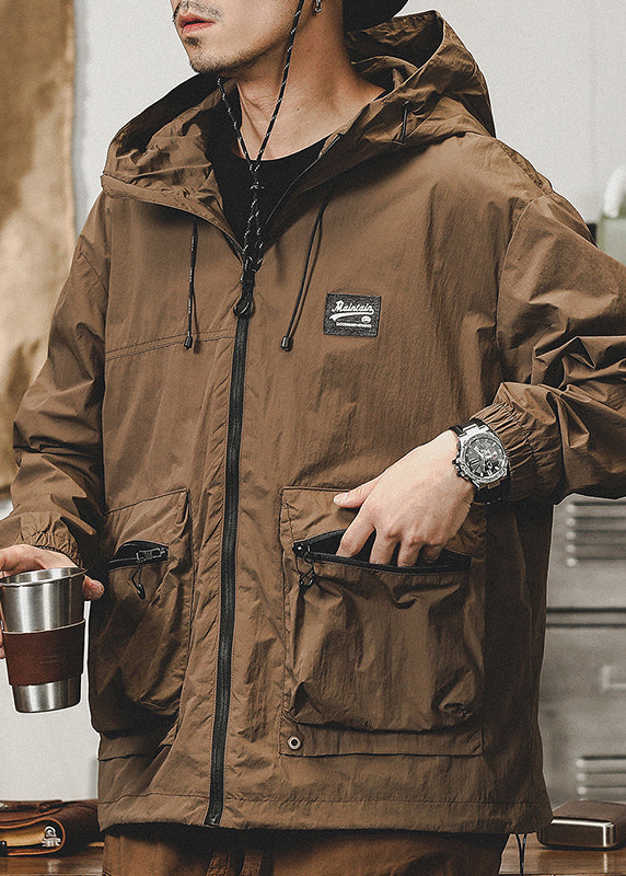 Loose Coffee Hooded Zippered Pockets Cotton Men Coats Spring