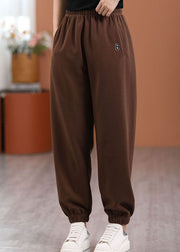 Loose Chocolate Letter Embroideried Elastic Waist Cotton Pants Spring