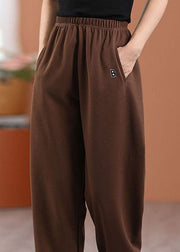 Loose Chocolate Letter Embroideried Elastic Waist Cotton Pants Spring