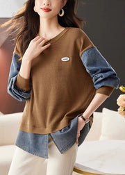 Loose Coffee O Neck Denim Patchwork Knit Tops Spring