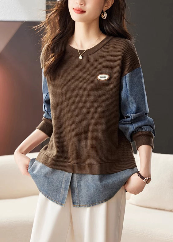 Loose Coffee O Neck Denim Patchwork Knit Tops Spring