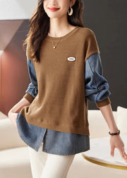 Loose Coffee O Neck Denim Patchwork Knit Tops Spring