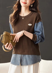 Loose Coffee O Neck Denim Patchwork Knit Tops Spring