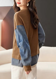 Loose Coffee O Neck Denim Patchwork Knit Tops Spring