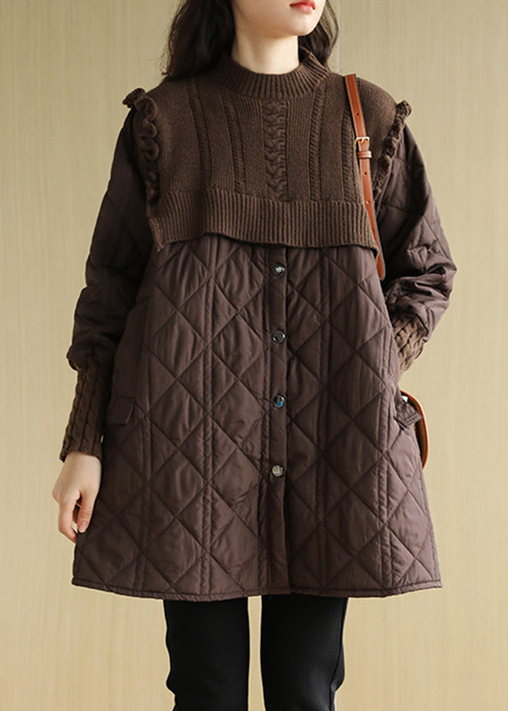 Loose Chocolate O-Neck Pockets Button Patchwork Knit Cotton Winter Coats Long Sleeve