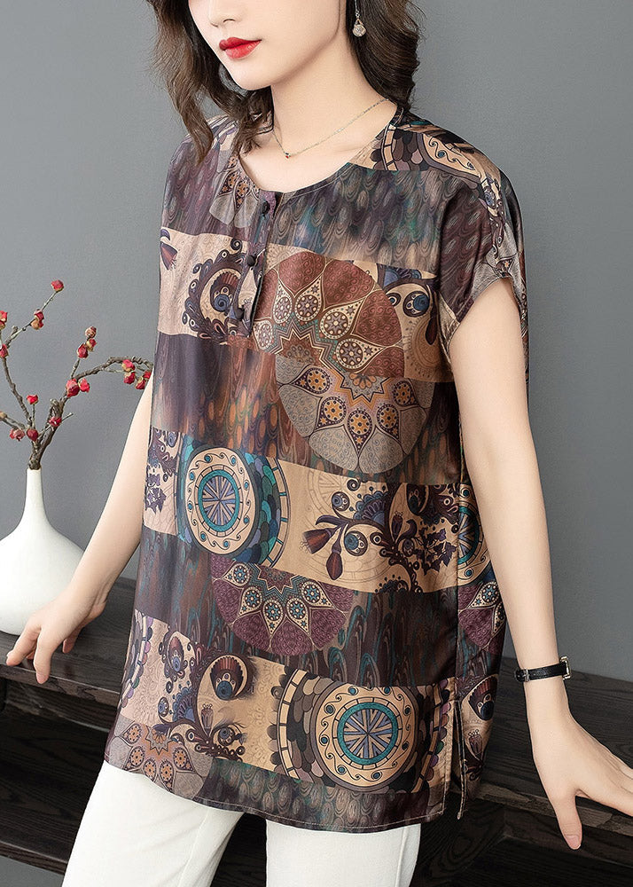 Loose Chocolate O-Neck Print Side Open Silk Tops Short Sleeve