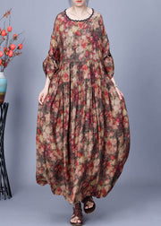 Loose Coffee O Neck Print Wrinkled Silk Long Dress Spring