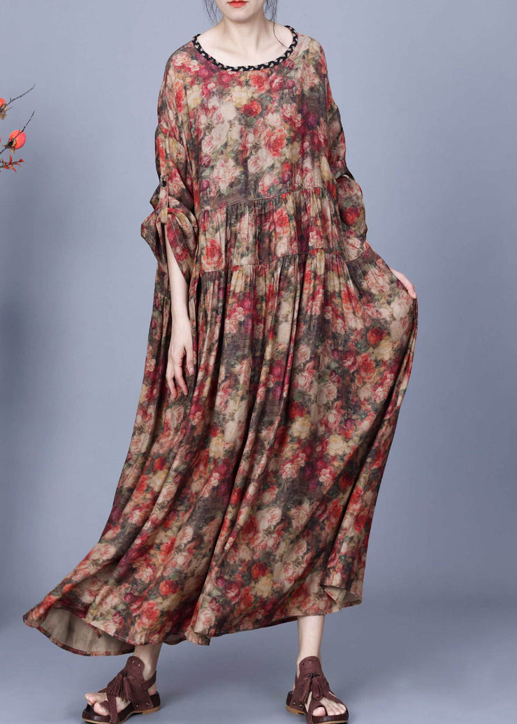 Loose Coffee O Neck Print Wrinkled Silk Long Dress Spring