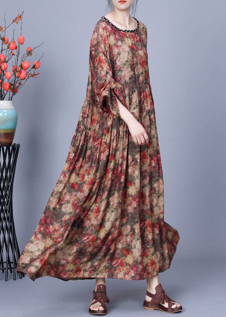 Loose Coffee O Neck Print Wrinkled Silk Long Dress Spring